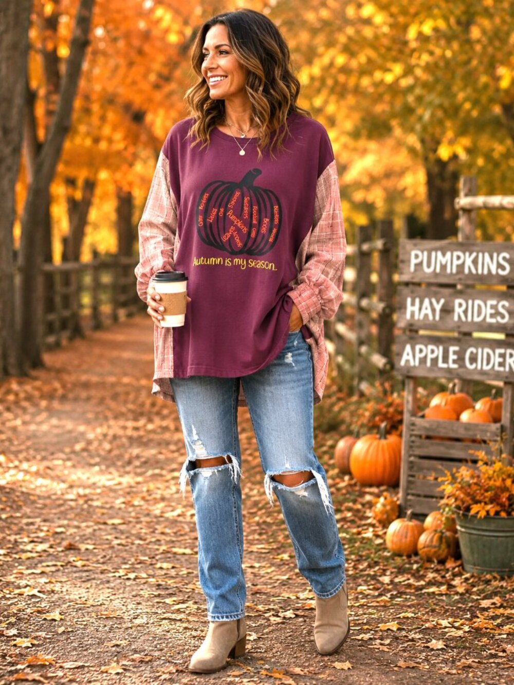 Upcycled Flannel Shirt Oversized Autumn Graphics Spliced Tee Fits XL 2X 3X